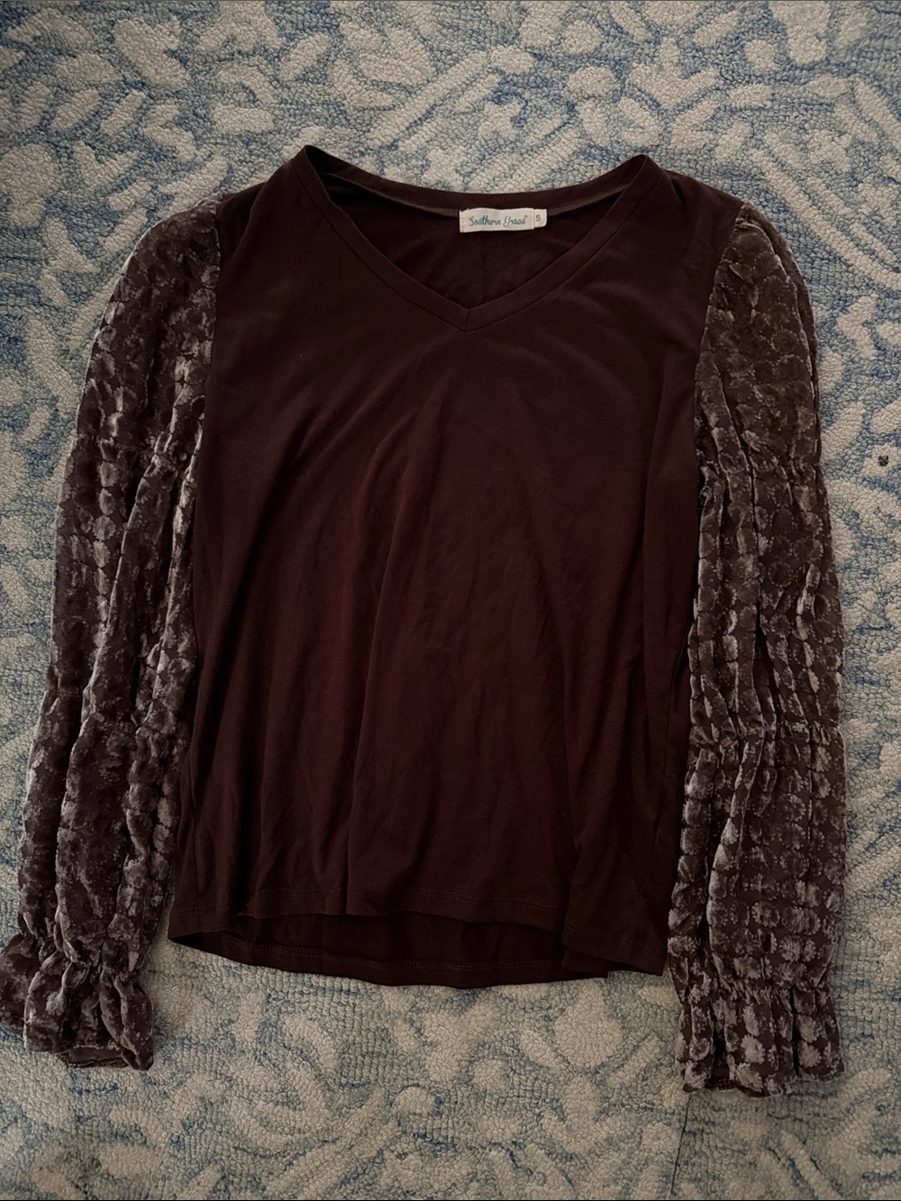 Southern Grace Brown V-Neck Top with Velvet Textured Long Sleeves